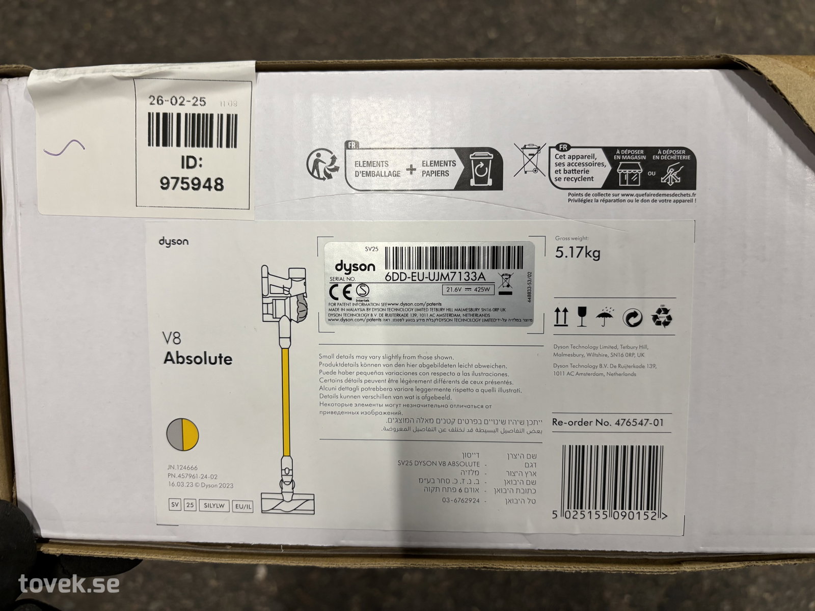 Skaftdammsugare Dyson V8 Absolute på auktion i Ätran hos Toveks Auktioner