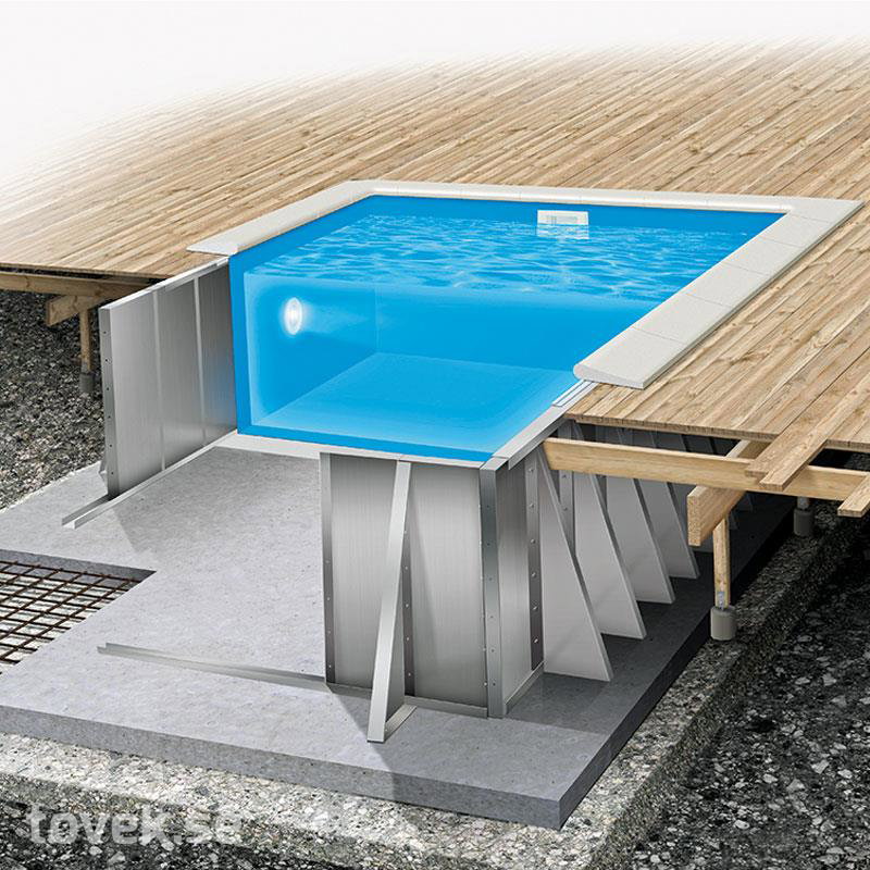 Pool 8x4x1,5m ny i förpackning, med tillhörande helgaveltrapp på auktion i Hillerstorp hos Toveks Auktioner