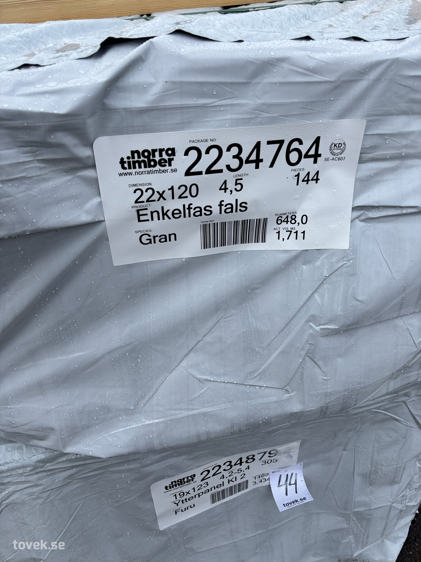 22 x 120 Enkelfas fals L4,5-5,4m. Lpm 648m 1,7m3